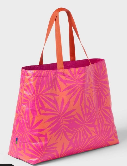 Water Resistant Reversible Tote Bag -Pink/ Coral Palm: Double Handles