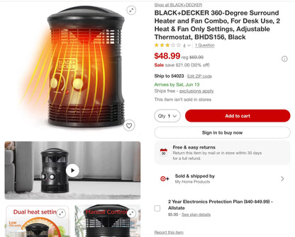 THRIFTY 70 - BLACK+DECKER 360-Degree Surround Heater and Fan Combo, For Desk Use, 2 Heat & Fan Only Settings, Adjustable Thermostat, BHDS156, Black - Open Box - USED (See Pictures)- FINAL SALE- NO RETURNS - AS IS