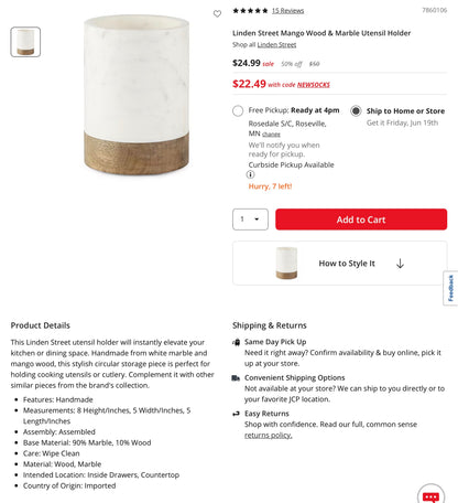 THRIFTY 70 -Linden Street Mango Wood & Marble Utensil Holder - Open Box - USED (See Pictures)- FINAL SALE- NO RETURNS - AS IS