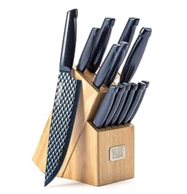 Blue Diamond Sharp Stone Nonstick Stainless Steel Cutlery 14 piece Wood Knife Block Set with Chef Steak Knives and more, Dishwasher safe