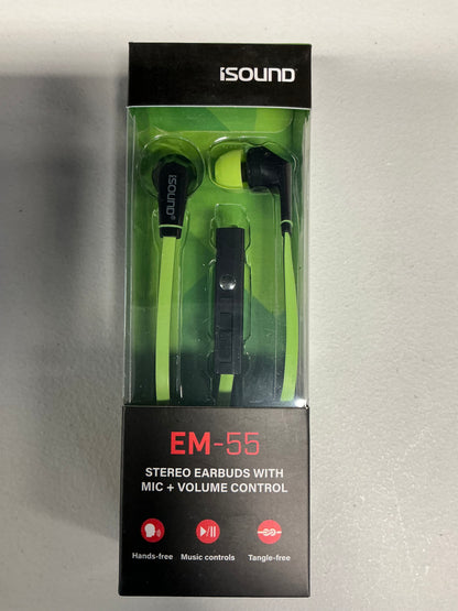 iSound DGHP-5715 ISOUND – EM 55 Earbuds, Tangle Free Flat Cable, In-ear Design That Blocks Outside Noise, Built-in Microphone, Volume Control Slider, Includes a sets of Silicone Tips