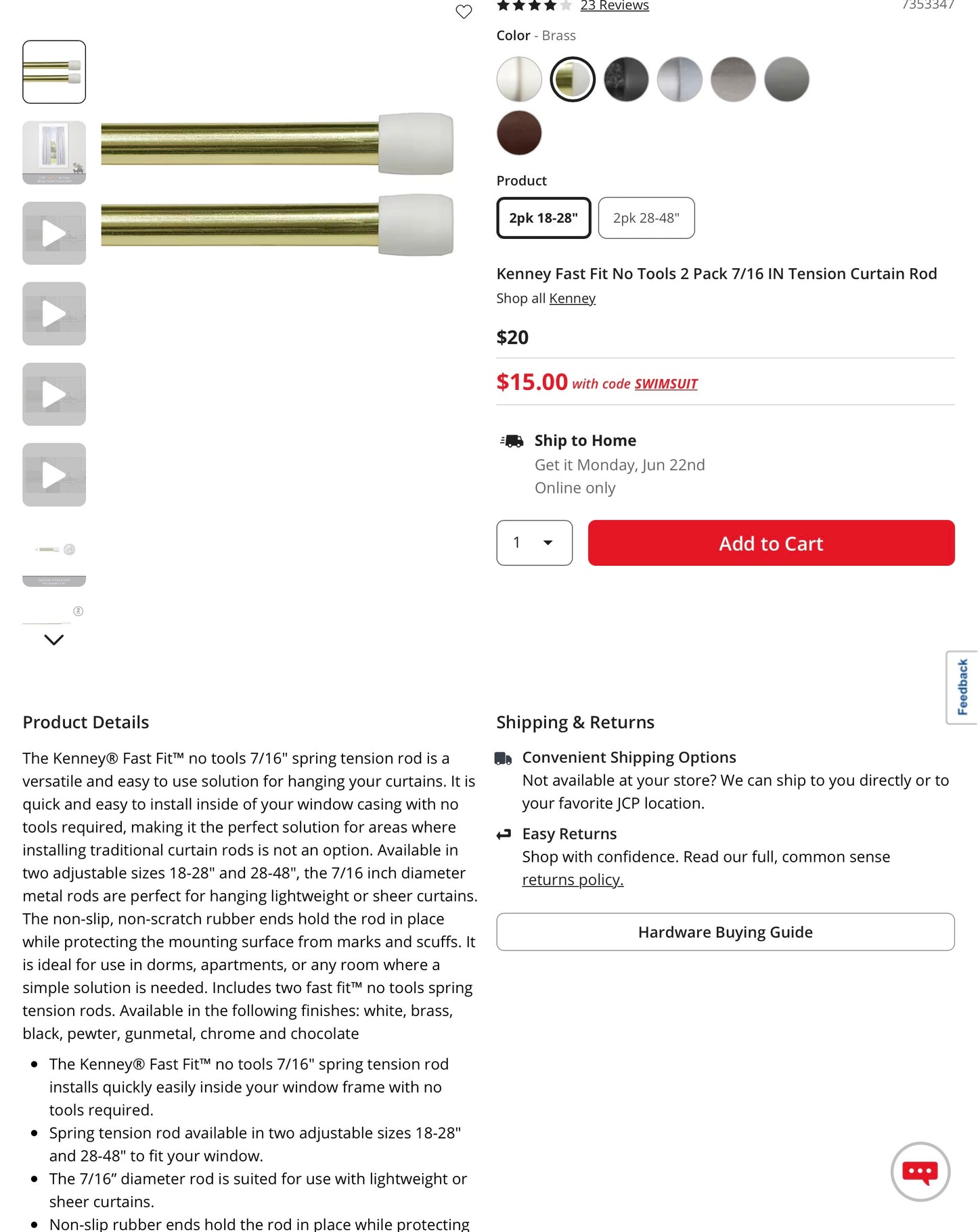 Kenney Tension Rod 2 pack (18”x28”) - Gold
