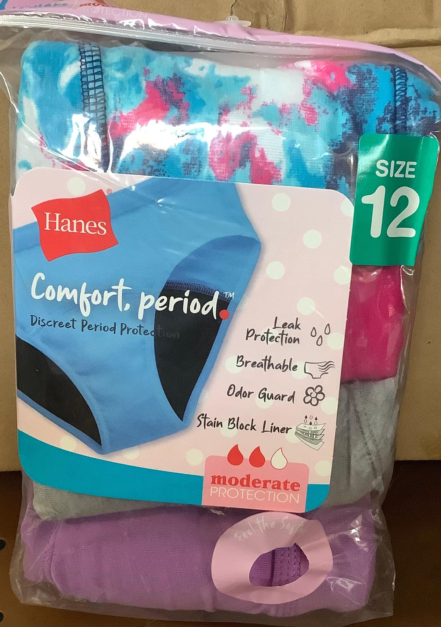 (Clearance) Girls Size 12-Hanes Comfort, Period. Girls' Hipster Period Underwear, Moderate Protection, Assorted, 4-Pack