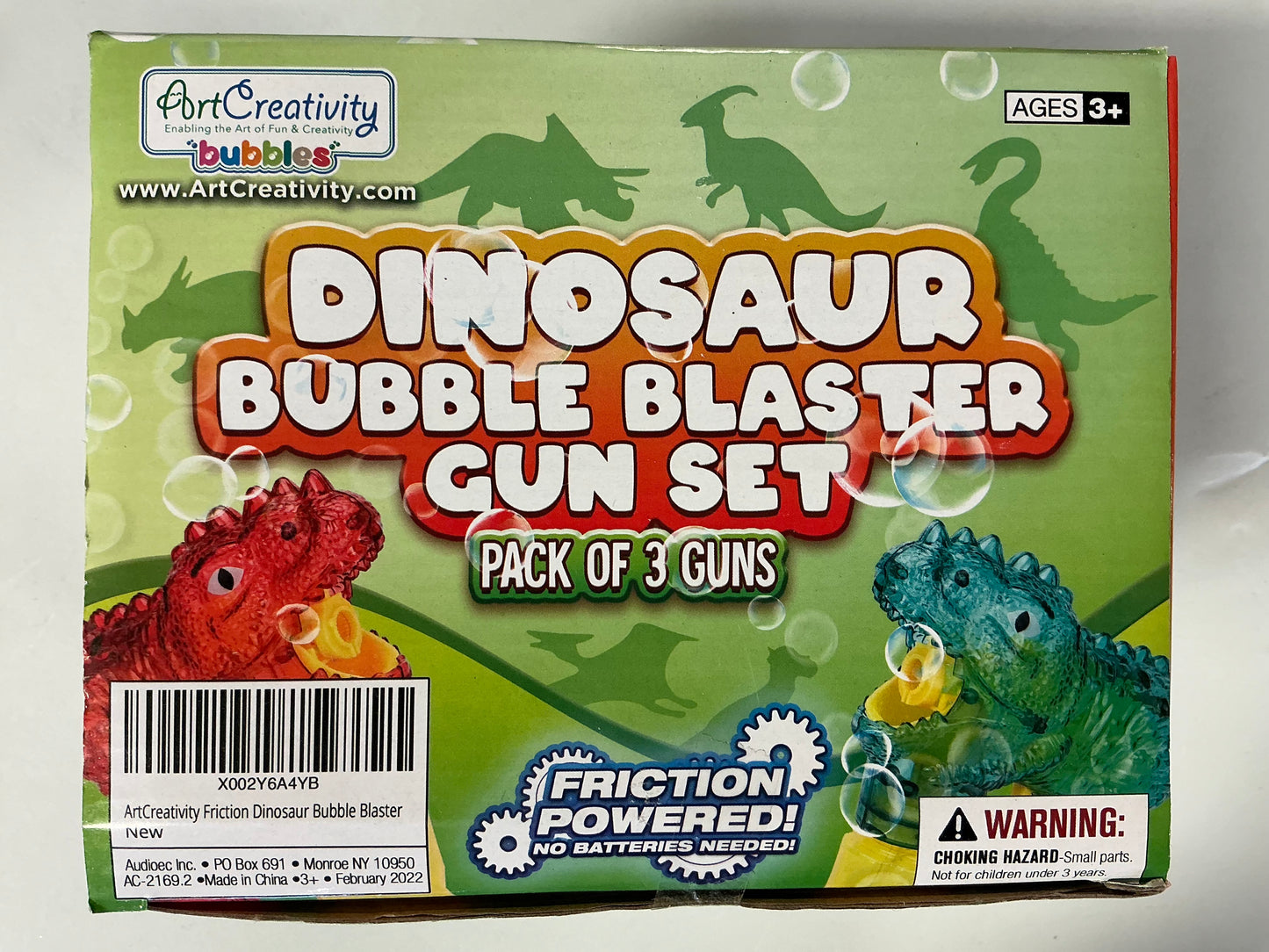 Bubbland Dinosaur Friction Powered LED Bubble Blasters - Pack of 3 - No Batteries Needed