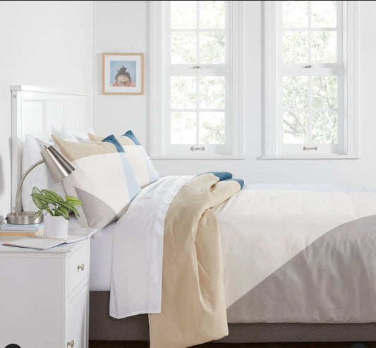 Twin/Twin Extra Long Cotton Blend Sateen Duvet Cover and Sham Set Ivory/Light Blue/Khaki Geo