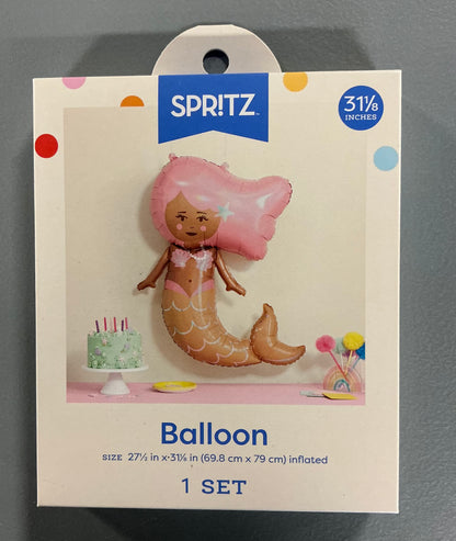 Mermaid Party Bundle - Coral Pink - (includes 2 Table Covers-25.16” X 108”, 1 Mermaid Balloon-27.5”x31.13”, 1 set of 10 party hats with 10 tails, 1 box of 50 baking & snack cups, 1 tote)