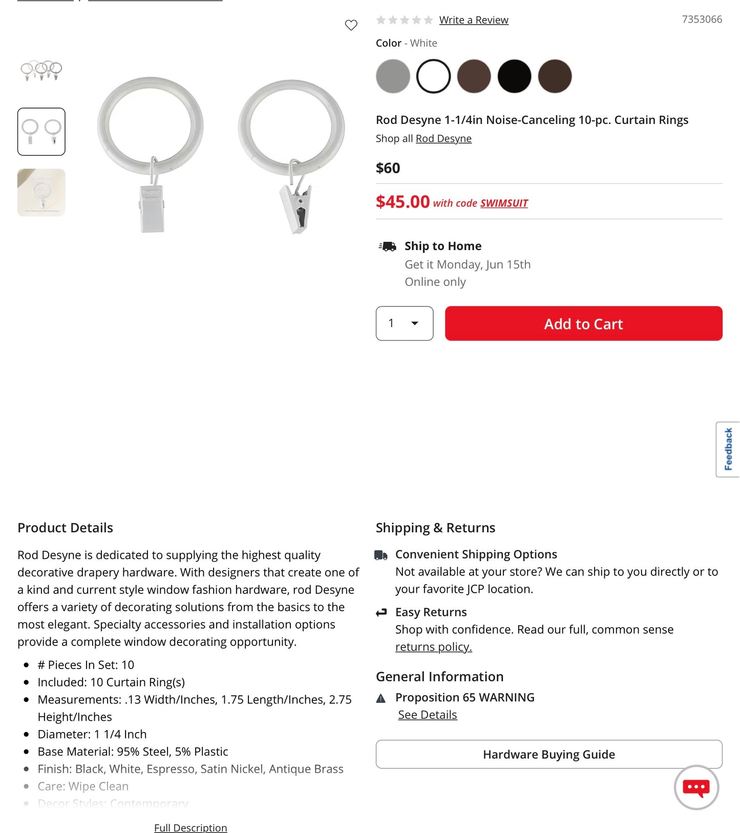 Rod Desyne 1-1/4in Noise-Canceling 10-pc. Curtain Rings- White