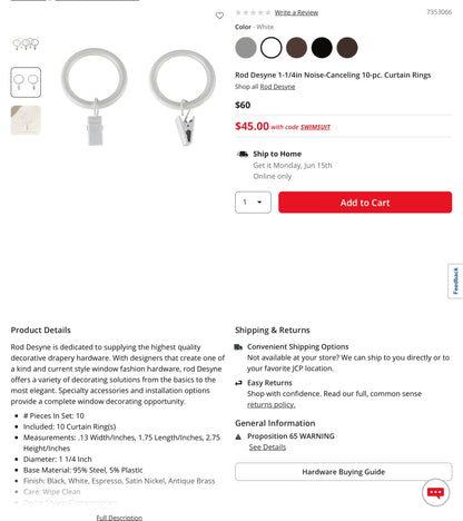 Rod Desyne 1-1/4in Noise-Canceling 10-pc. Curtain Rings- White