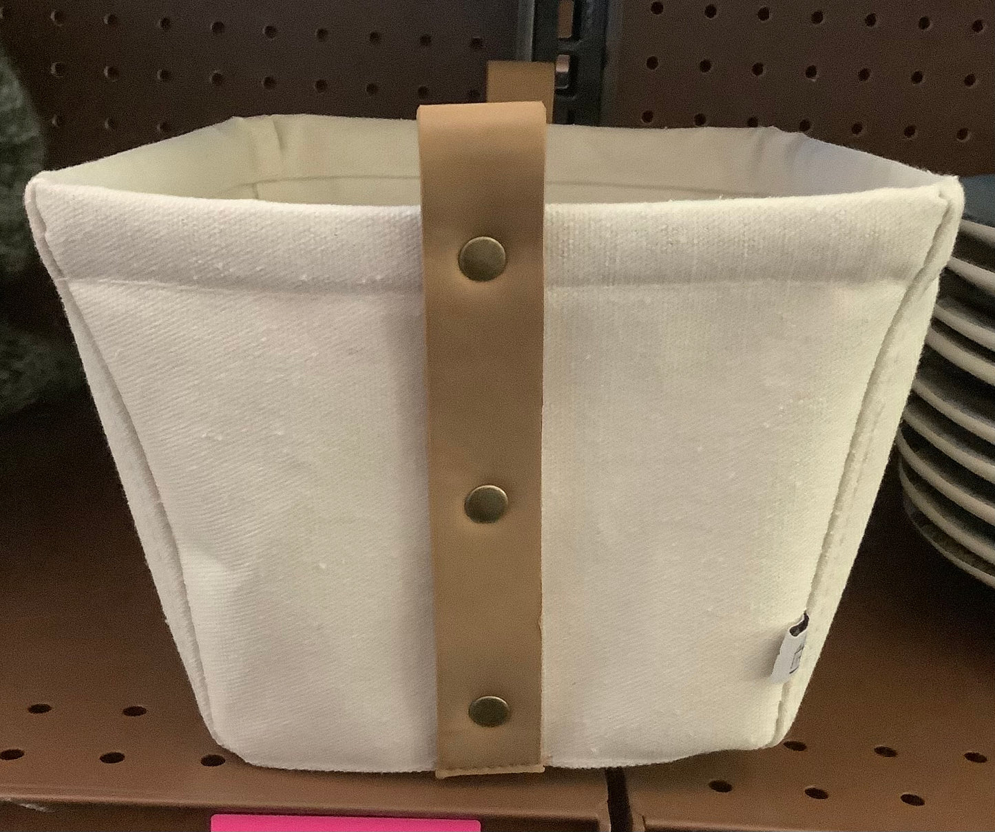 Decorative Canvas Storage Bin with Faux Leather Strap Handles Cream/Tan