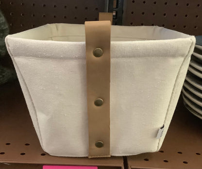 Decorative Canvas Storage Bin with Faux Leather Strap Handles Cream/Tan