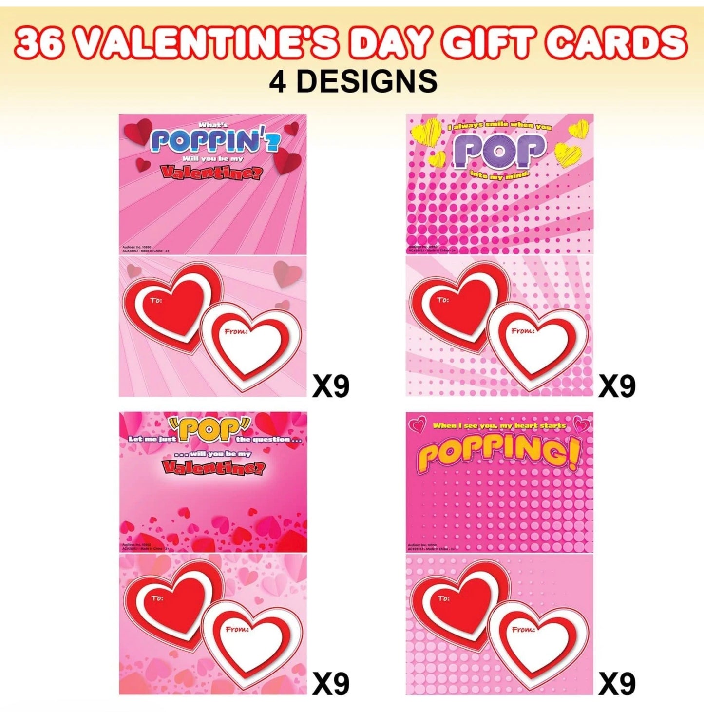 Valentines Day Cards with Pop Tubes Gift Set, 36 Cards, 36 Pop Tubes