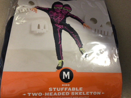 Kids Halloween costume- Stuffable Two Headed Skeleton - Includes Hooded jumpsuit with attached mask and self stuff extra head - Size Medium
