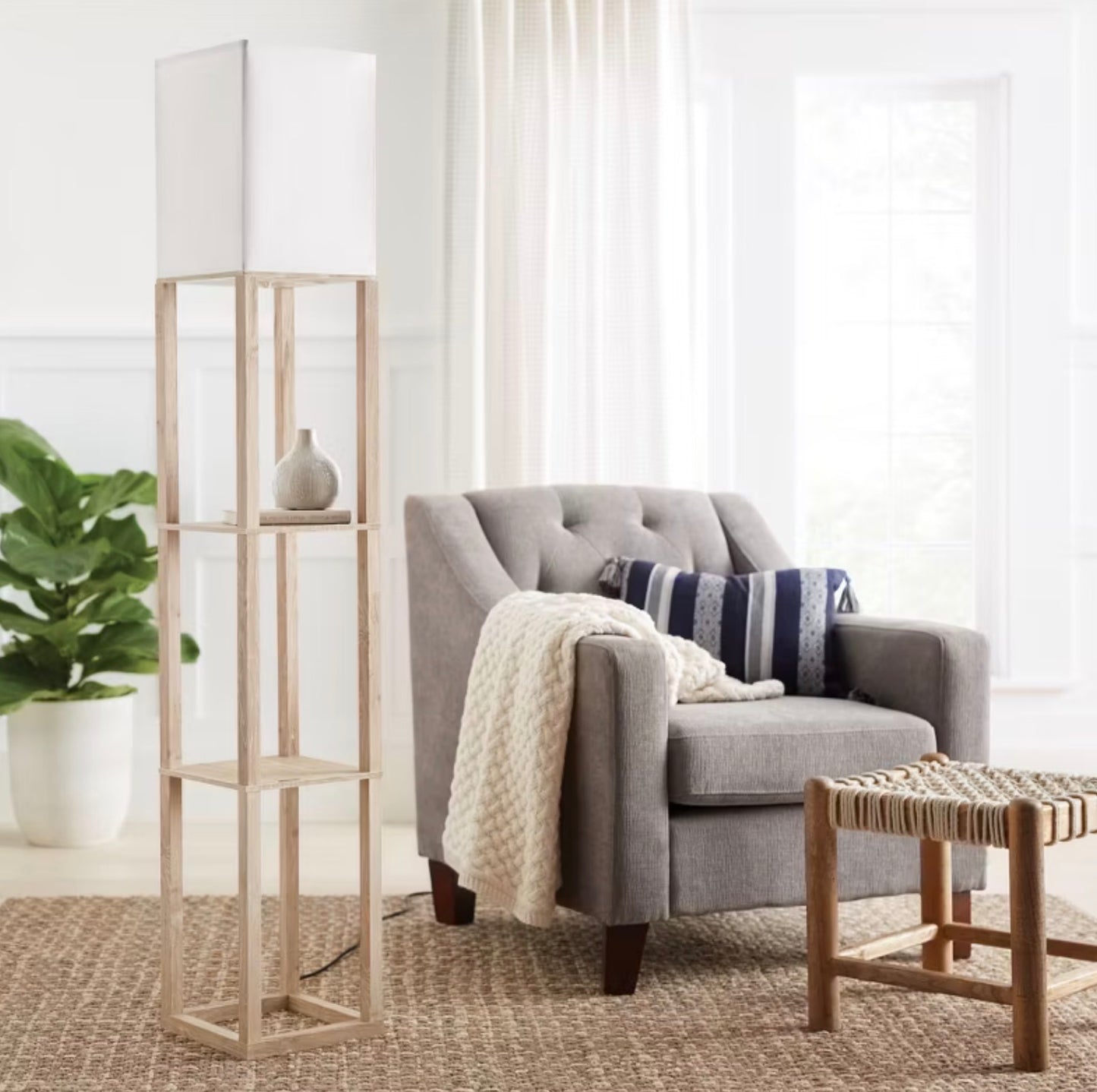 62.5" Alabaster Shelf Floor Lamp Light Brown - Linen Shade, MDF Body - Out of Box - Minor Cosmetic Damage (see pictures) - FOR PICKUP ONLY