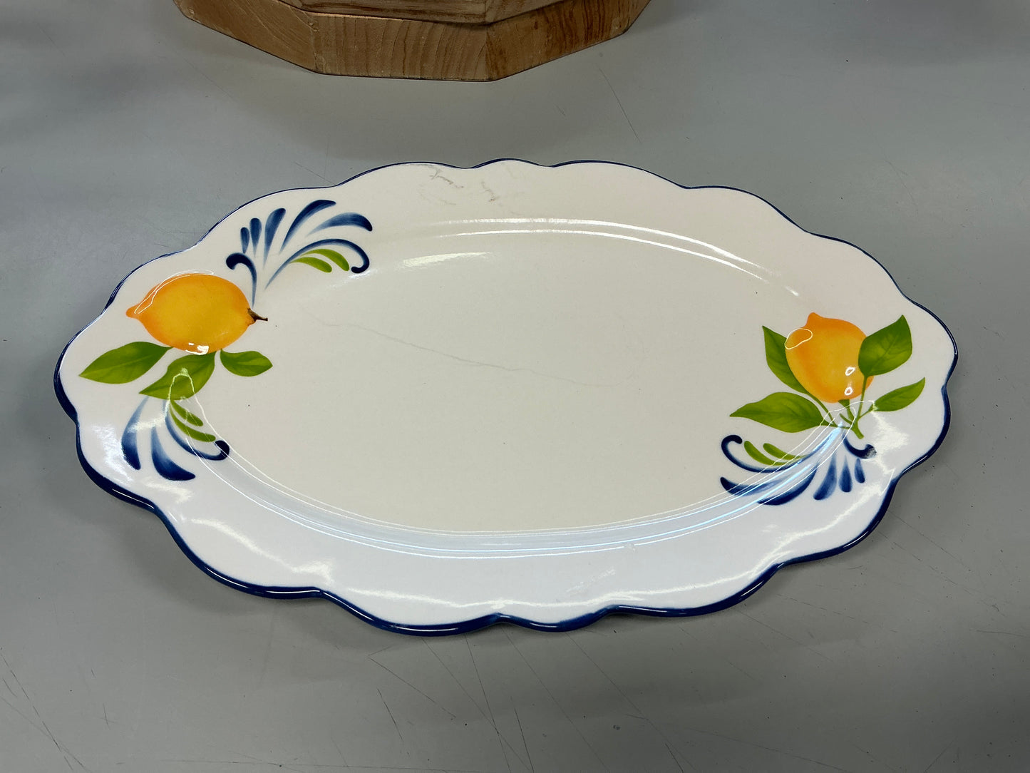 Mulhouse 15.75” ceramic oval serving tray white/blue edge