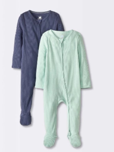 Baby Boy’s 2pk Rip-Knit Footie Pajamas-Green/Gray