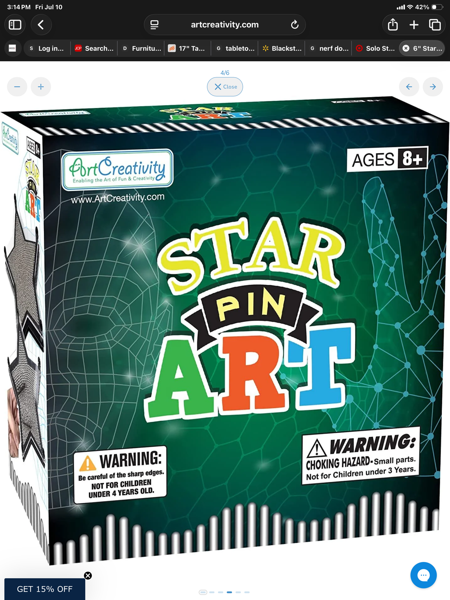 6" Star Pin Art Game for Kids/Adults -Stainless Steel Metal Pins, Sturdy Plastic Frame
