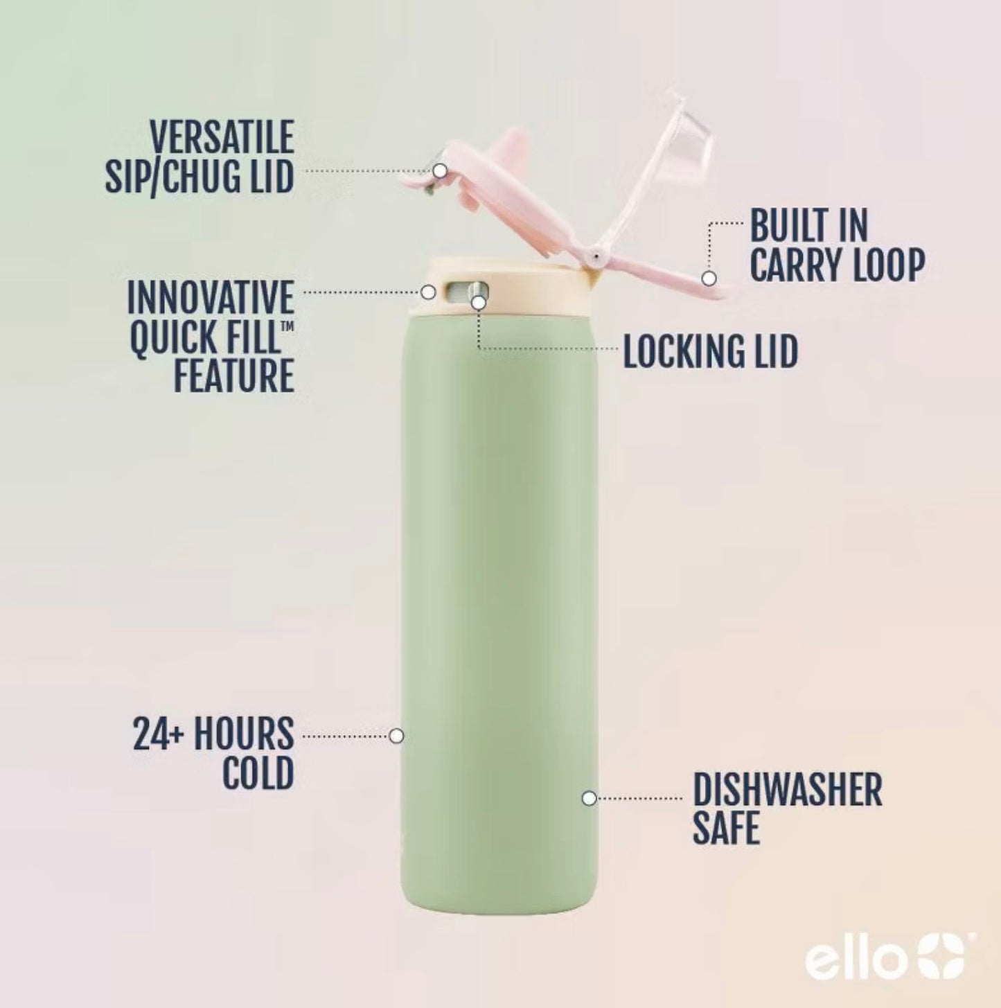 Ello Pop and Fill 22oz Stainless Steel Water Bottle - Minor Cosmetic Damage - May Be Missing Packaging (see pictures)