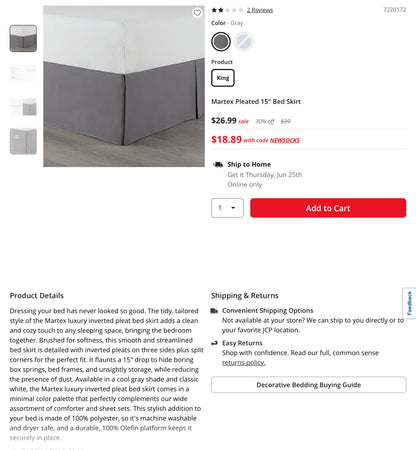 Martex Inverted Pleaded Bedskirt - King - Grey