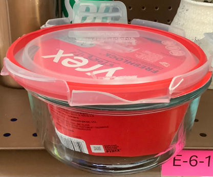THRIFTY 70-Pyrex Freshlock 4 Cup Round Food Storage Container: Glass Container with Lid, Oven & Microwave Safe, Clear/Red