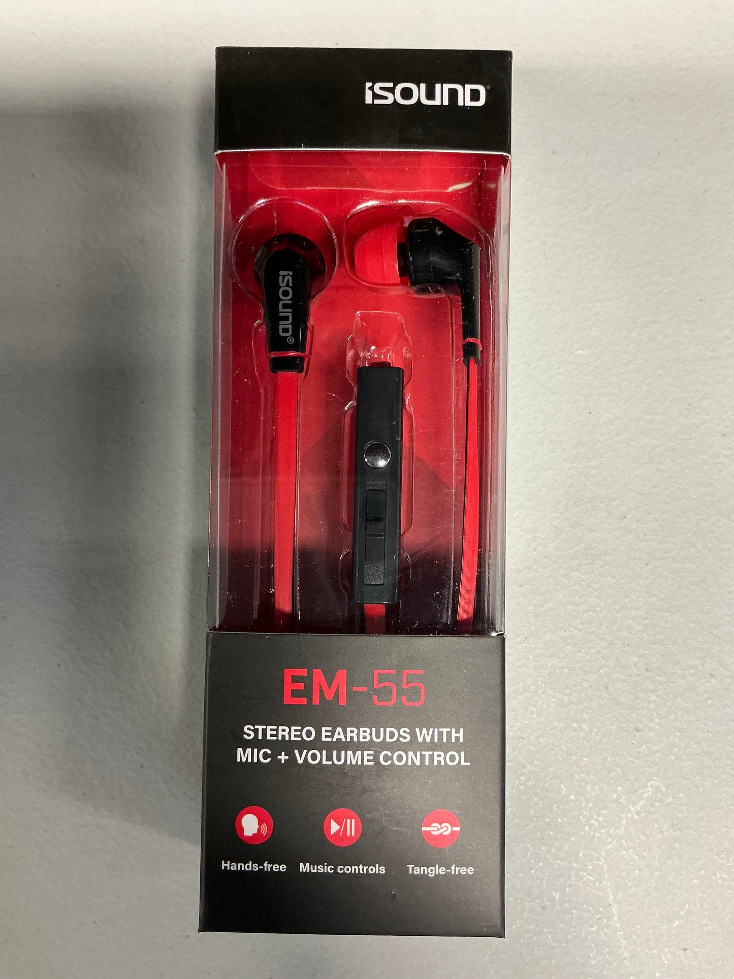 iSound DGHP-5715 ISOUND – EM 55 Earbuds, Tangle Free Flat Cable, In-ear Design That Blocks Outside Noise, Built-in Microphone, Volume Control Slider, Includes a sets of Silicone Tips