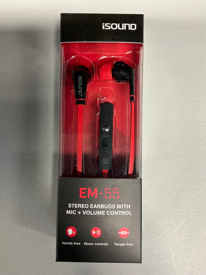 iSound DGHP-5715 ISOUND – EM 55 Earbuds, Tangle Free Flat Cable, In-ear Design That Blocks Outside Noise, Built-in Microphone, Volume Control Slider, Includes a sets of Silicone Tips