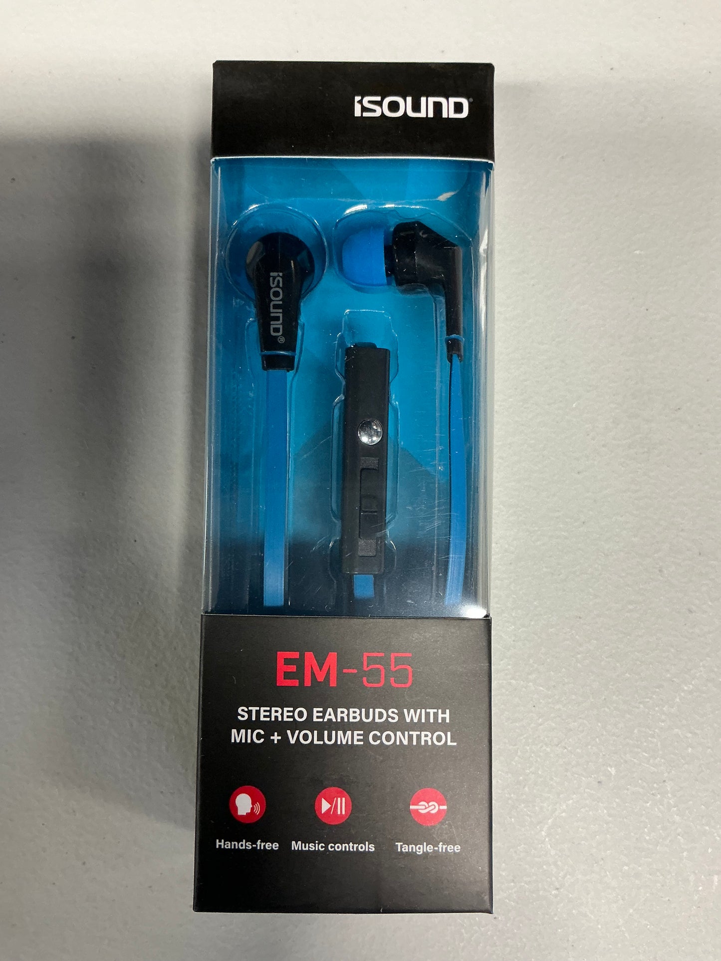 iSound DGHP-5715 ISOUND – EM 55 Earbuds, Tangle Free Flat Cable, In-ear Design That Blocks Outside Noise, Built-in Microphone, Volume Control Slider, Includes a sets of Silicone Tips