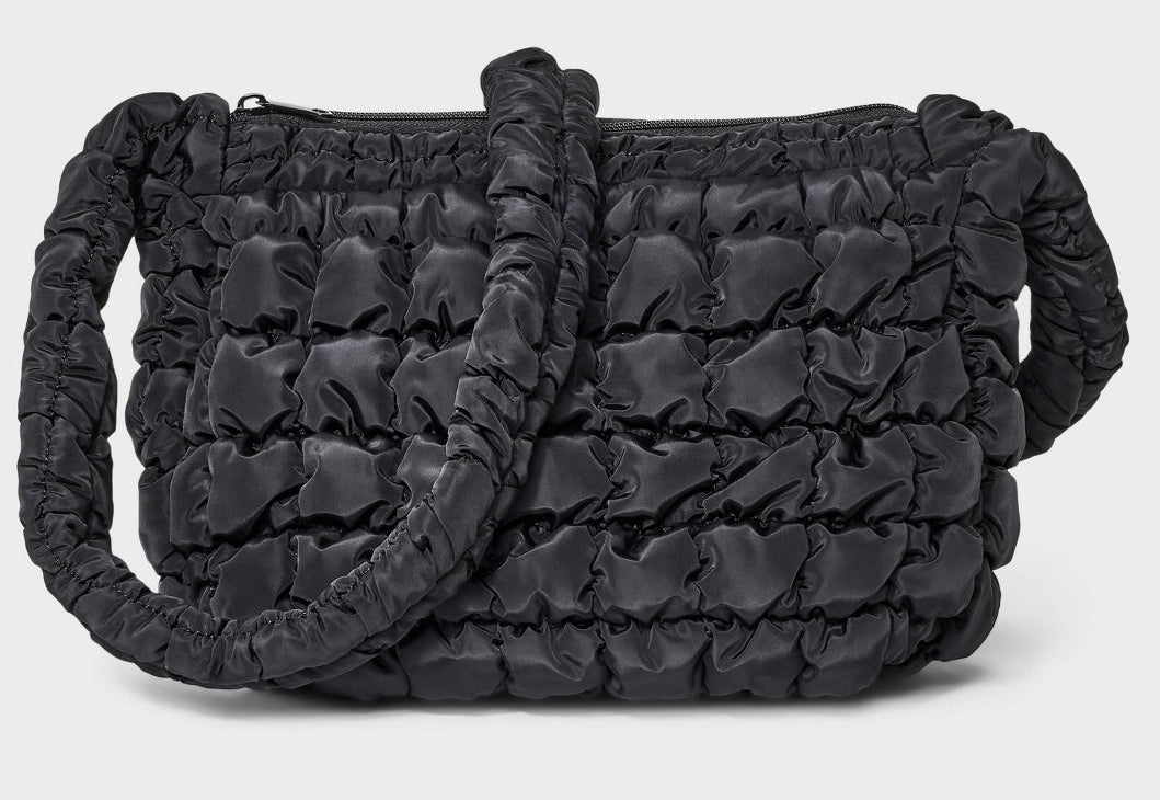 Puffer Crossbody Handbag - Black: Softside Woven Design, Single Strap, Zip Closure
