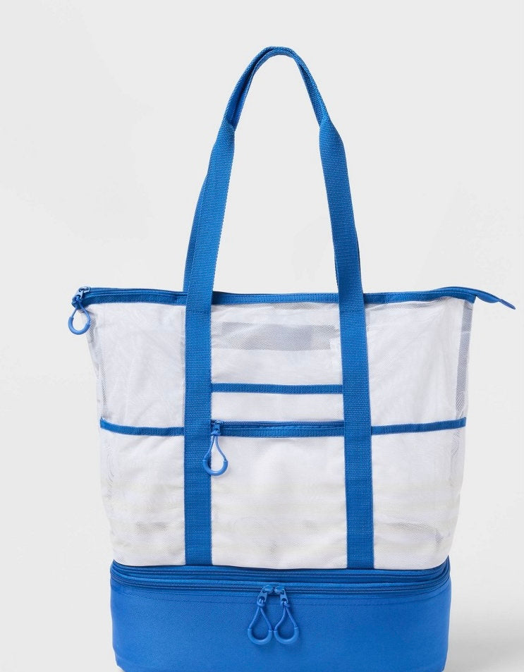 Beach Tote Bag with Zipper Bottom Tan Stripe / Navy
