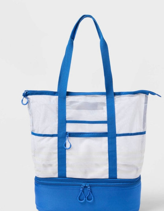 Beach Tote Bag with Zipper Bottom Tan Stripe / Navy