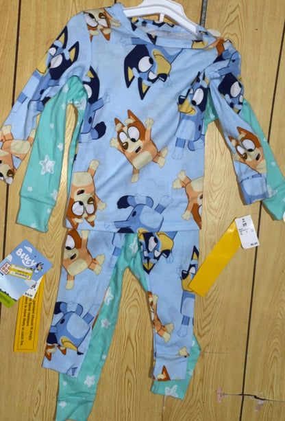 Bluey Set of 2 Pajamas Top Boys 4T Blue Green Dog Graphic Snug Fitting Crew Neck