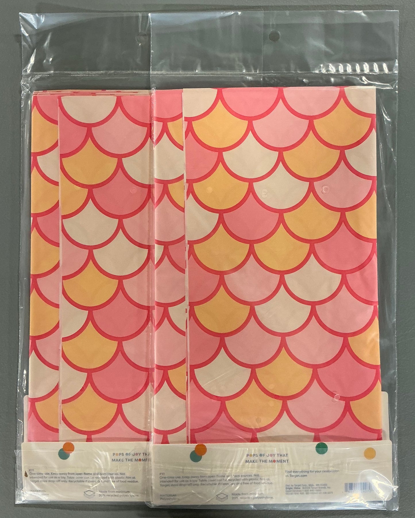 Mermaid Party Bundle - Coral Pink - (includes 2 Table Covers-25.16” X 108”, 1 Mermaid Balloon-27.5”x31.13”, 1 set of 10 party hats with 10 tails, 1 box of 50 baking & snack cups, 1 tote)