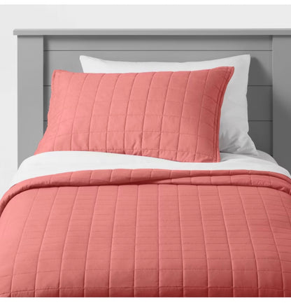 Twin - Box Stitch Microfiber Kids' Quilt - Faded Rose