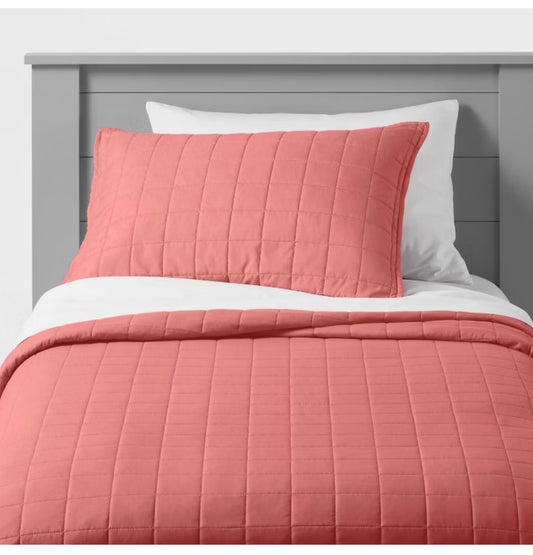 Twin - Box Stitch Microfiber Kids' Quilt - Faded Rose