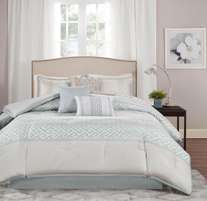 Madison Park Traditional Jacquard Aqua Queen Comforter Set, 7pc - All Season Bedding Set, Down Alternative - NO OUTER PACKAGING, DOES HAVE INNER PACKAGEES INTACT (see pictures) - OUT OF BOX