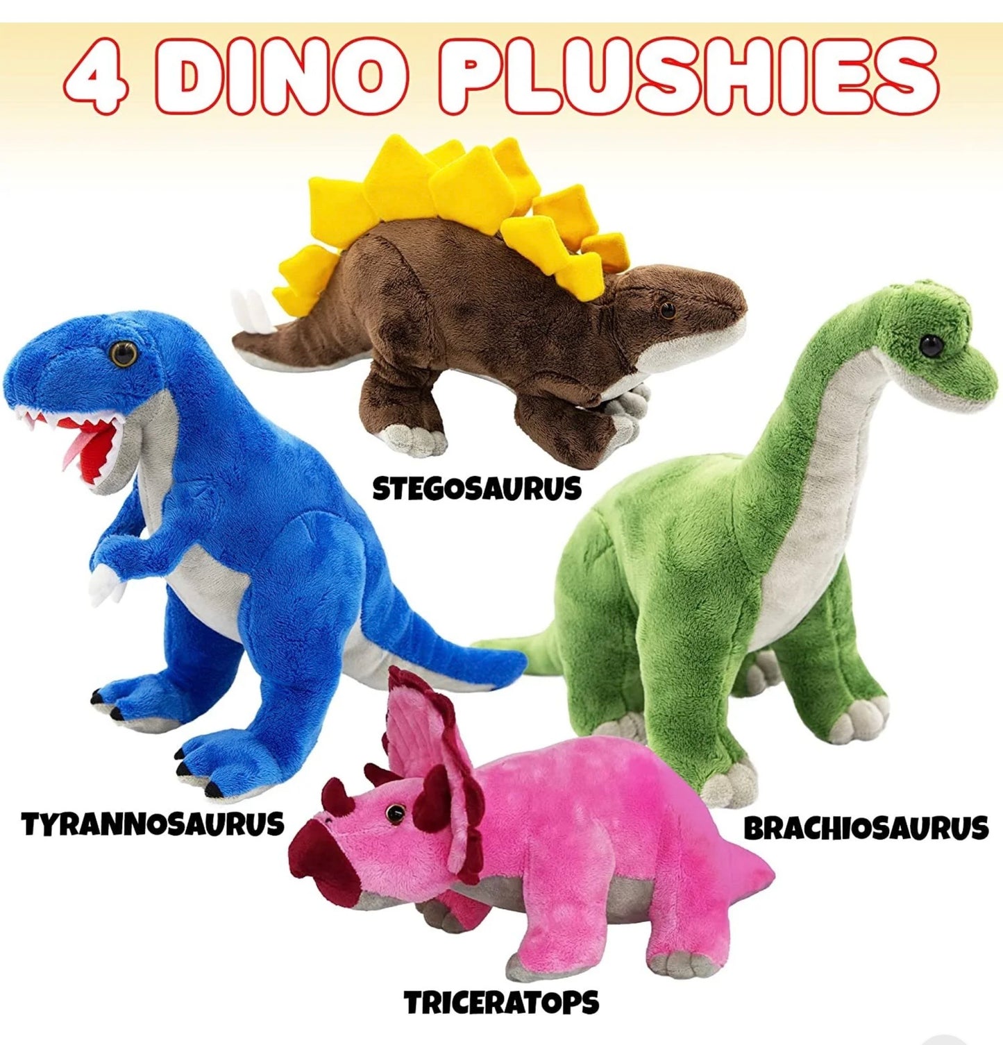 Cozy Plush Dinosaurs - 4 Plush Dinosaurs (1-Brachiosaurus, 1-Tyrannosaurus, 1-Triceratops, 1-Stegosaurus)