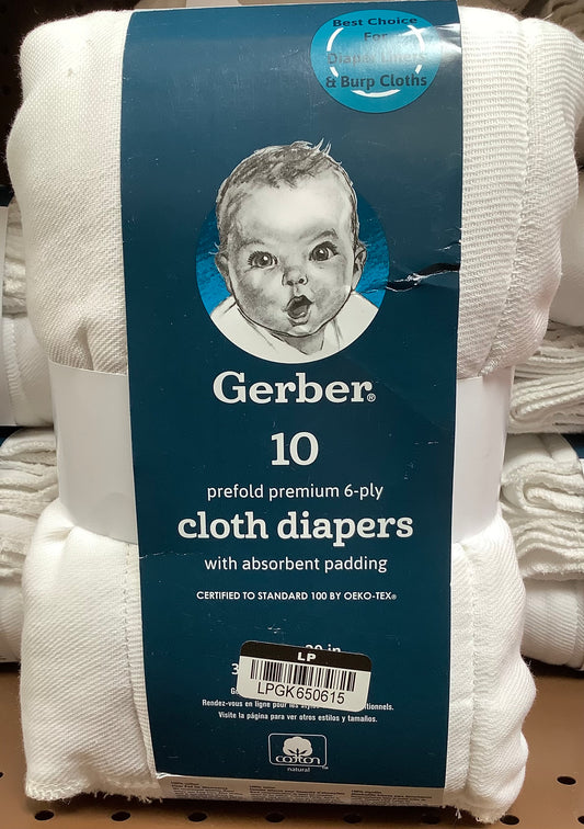 (Clearance)FINAL SALE Gerber 10-Pack Cloth Diaper Prefold Premium 6-ply with Absorbent Padding