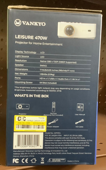 Vankyo Leisure 470W 720P Portable Projector with Wireless Connectivity: Adjustable Focus, HDMI Connection, 20000
Hour Bulb Life