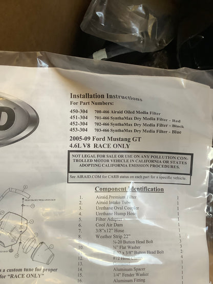 2005-2009 Ford Mustang GT HIGH FLOW INTAKE SYSTEM PERFORMANCE AIR FILTER