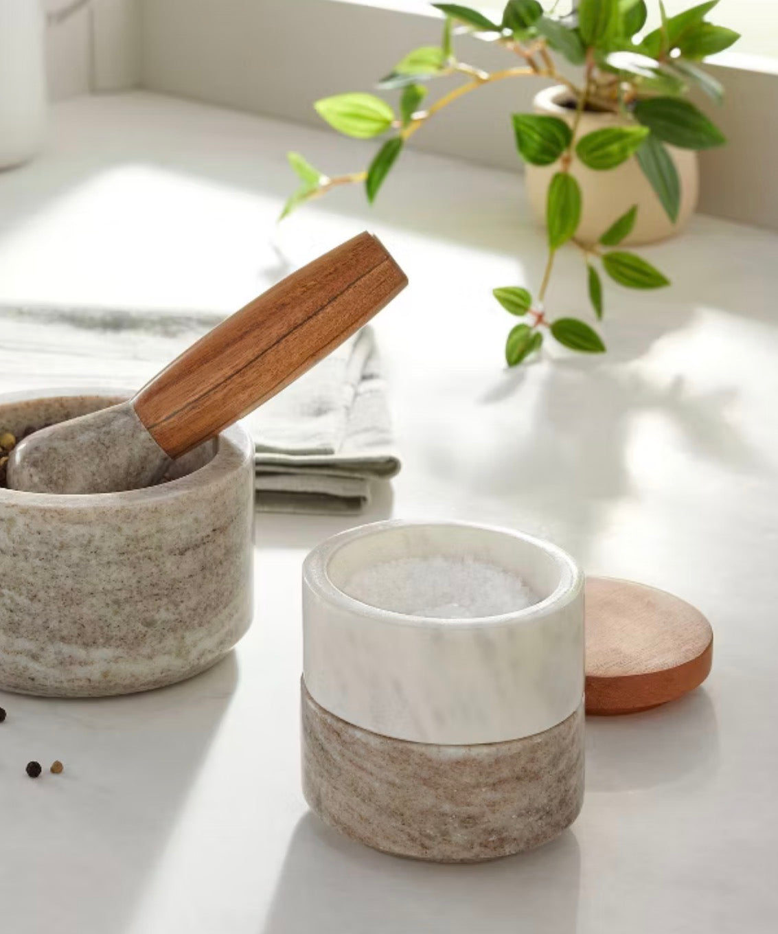 3pc Marble Stacking Salt & Pepper Cellar White/Warm Gray - Hearth & Hand™ with Magnolia: Acacia Lid, Farmhouse Style - Out of Package (see pictures)