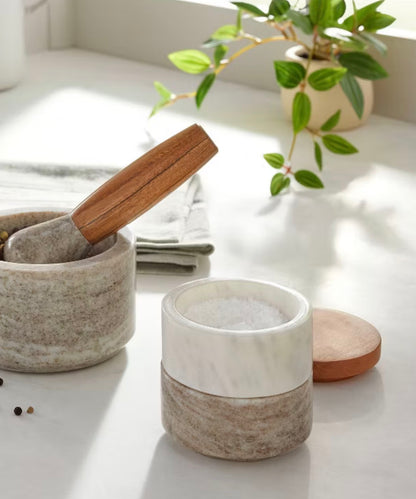 3pc Marble Stacking Salt & Pepper Cellar White/Warm Gray - Hearth & Hand™ with Magnolia: Acacia Lid, Farmhouse Style - Out of Package (see pictures)