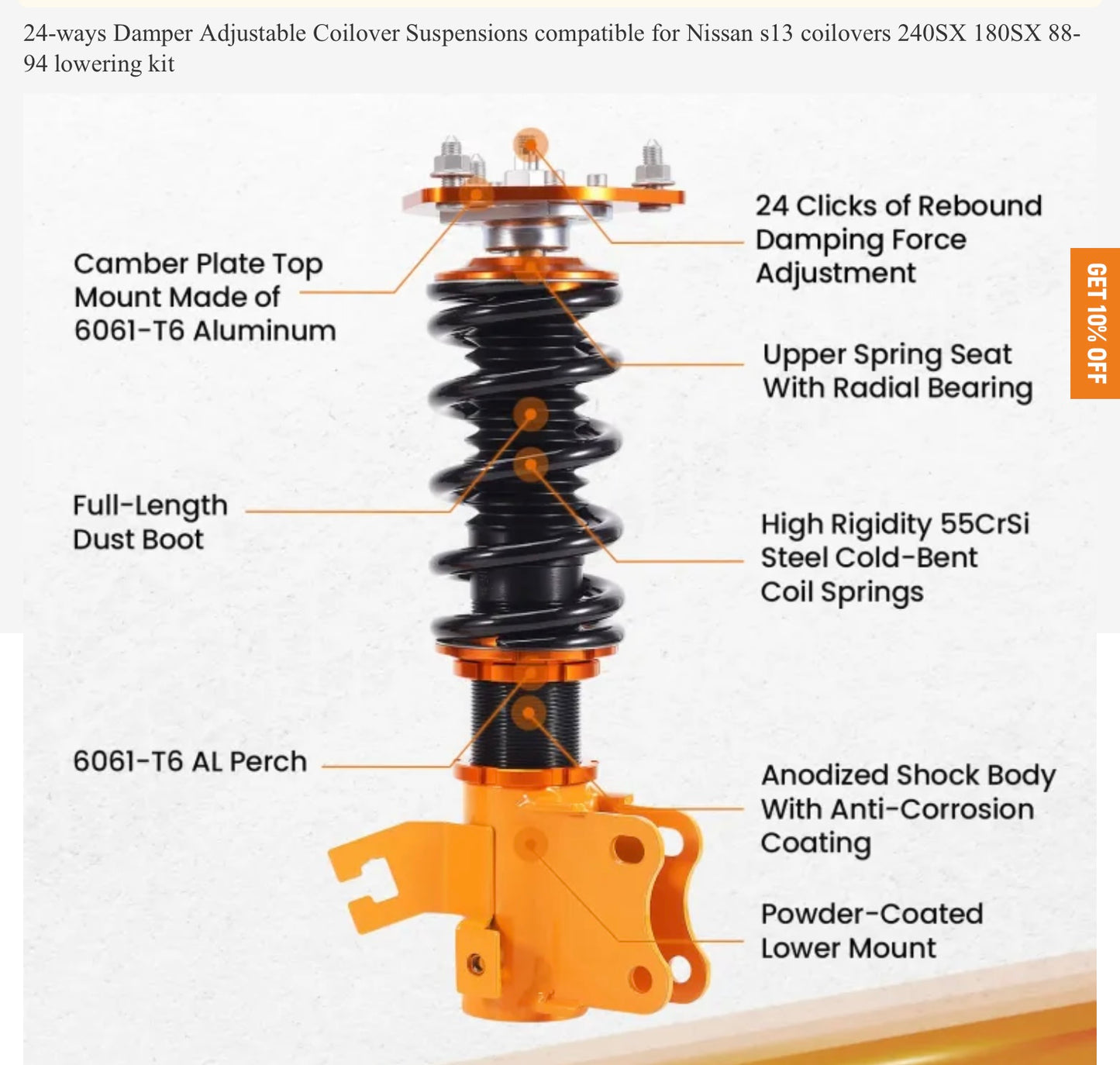 ONLY INCLUDES FRONT COILS—24 Ways Adj. Damper Coilovers Compatible for Nissan S13 240SX 1989-1990/180SX 1989-
1998/200SX 1989-1994 Suspension Lower Strut
Coil Shock Absorbers