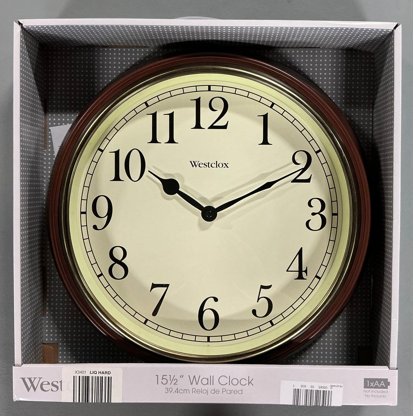 Westclox 15.5" Round Woodgrain Wall Clock, faux wood grain finish frame and a brass tone trim bezel