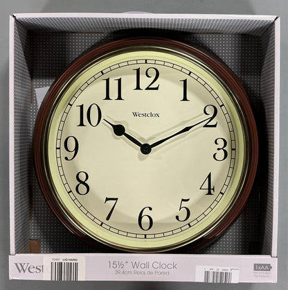 Westclox 15.5" Round Woodgrain Wall Clock, faux wood grain finish frame and a brass tone trim bezel