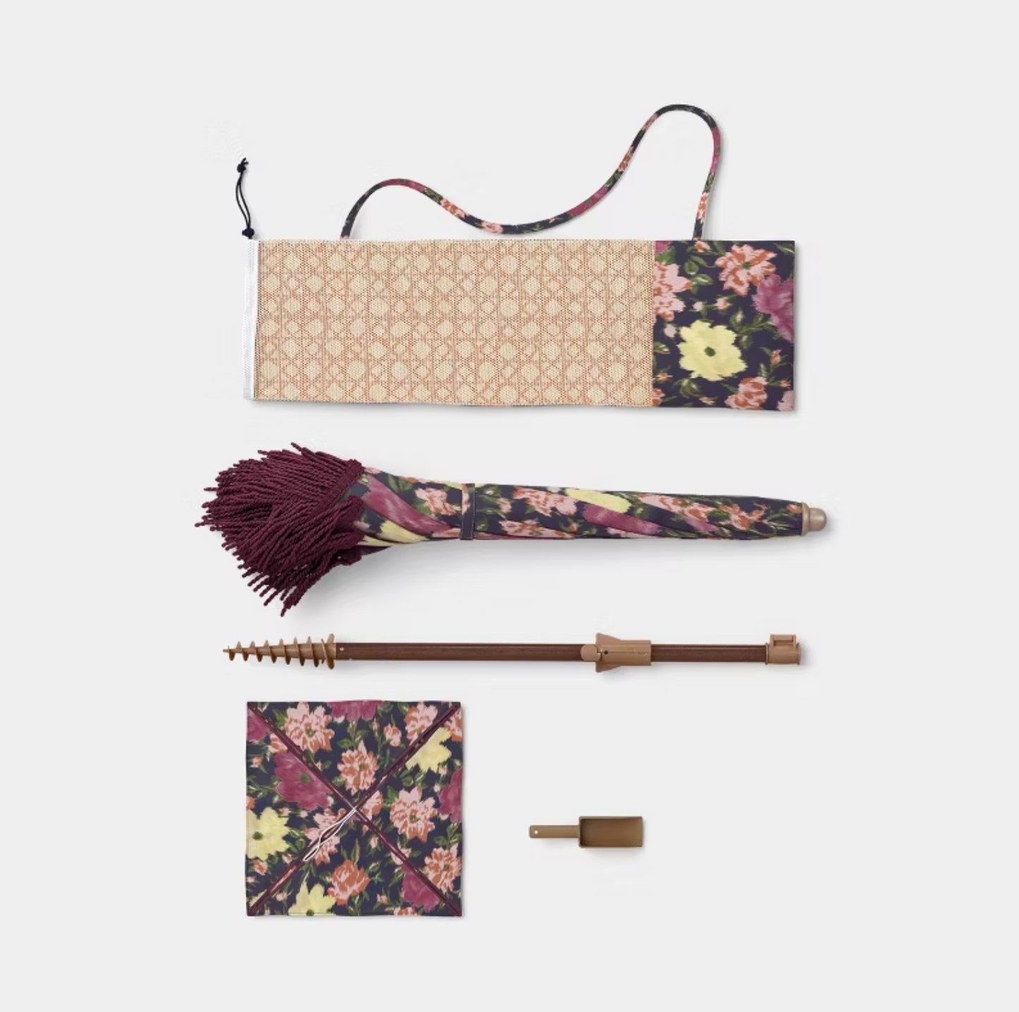 6' Round Floral Beach Umbrella with Fringe - Burgundy FOR PICKUP ONLY
