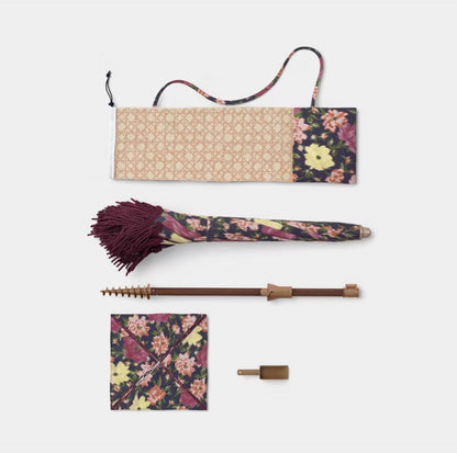 6' Round Floral Beach Umbrella with Fringe - Burgundy FOR PICKUP ONLY