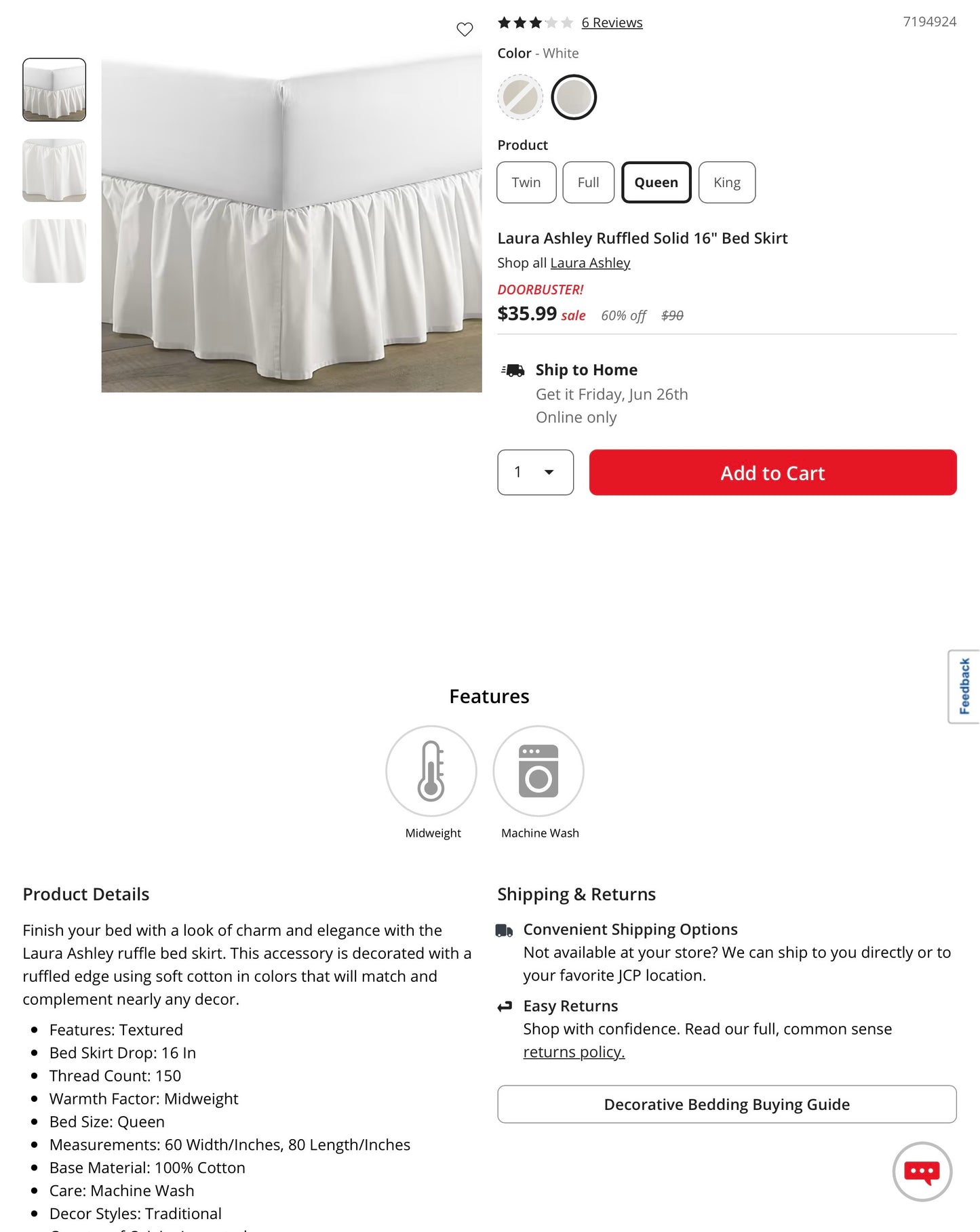 Laura Ashley Ruffled Bedskirt - White - Queen