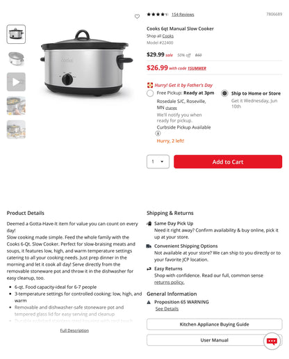 THRIFTY 70 - Cooks 6 quarts Slow Cooker - Open Box - USED (See Pictures)- FINAL SALE- NO RETURNS - AS IS