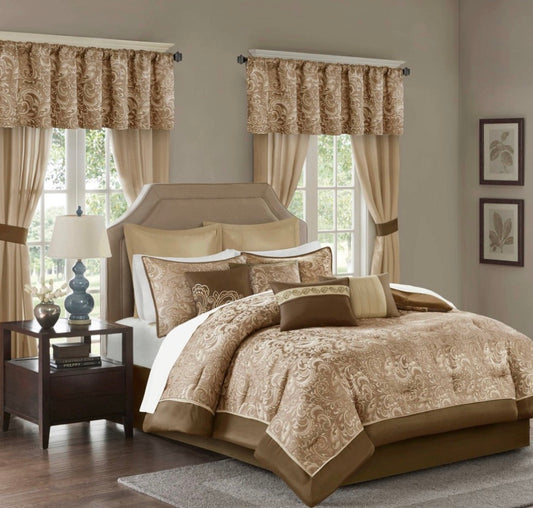 Madison Park Essentials Room-in-a-Bag 24-piece bed set in a brown damask pattern.Cal king
