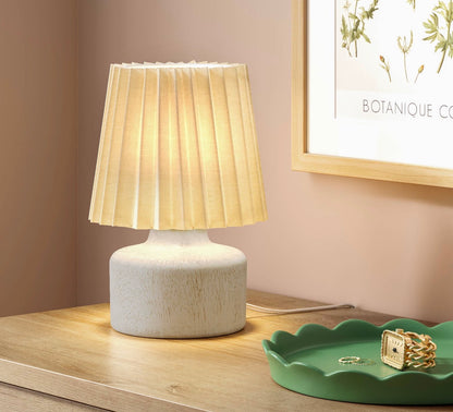 Mini Faux-Wood Lamp with a pleated beige shade