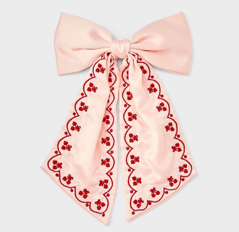 Satin hair bow with hearts embroidery